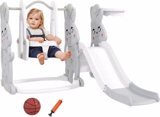Set gioco 4 in 1 Minimal con scivolo, altalena, arrampicata e canestro in plastica, design coniglio, grigio, H: 160 cm, L: 147,5 cm, P: 107 cm