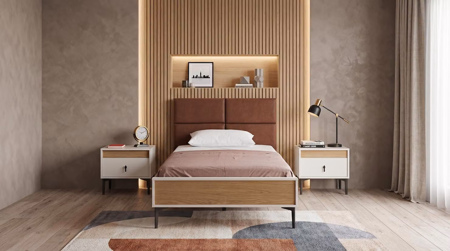 Letto bianco per ragazzi con testiera, comodini, camera da letto moderna
