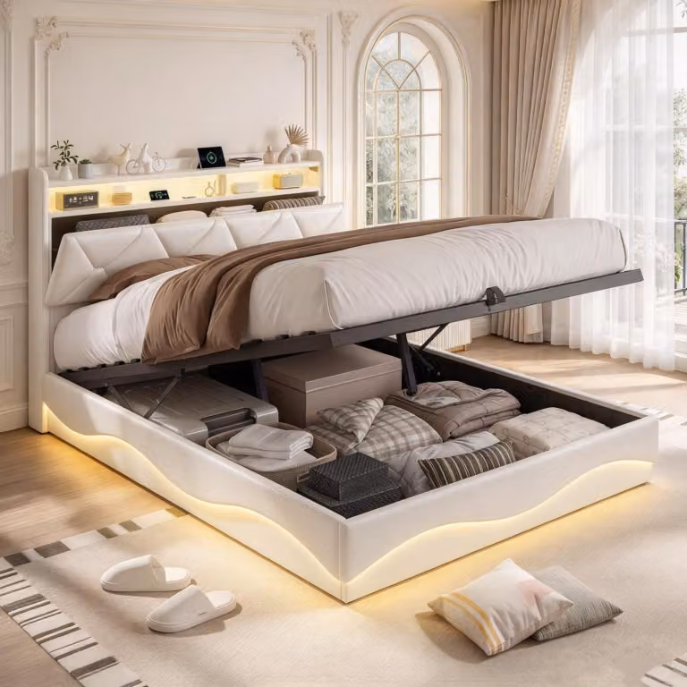 Letto imbottito INONEFT 140x200 cm con LED e USB, letto con sistema di sollevamento idraulico e rete a doghe, moderno letto a molle per la camera da letto, in velluto, color beige