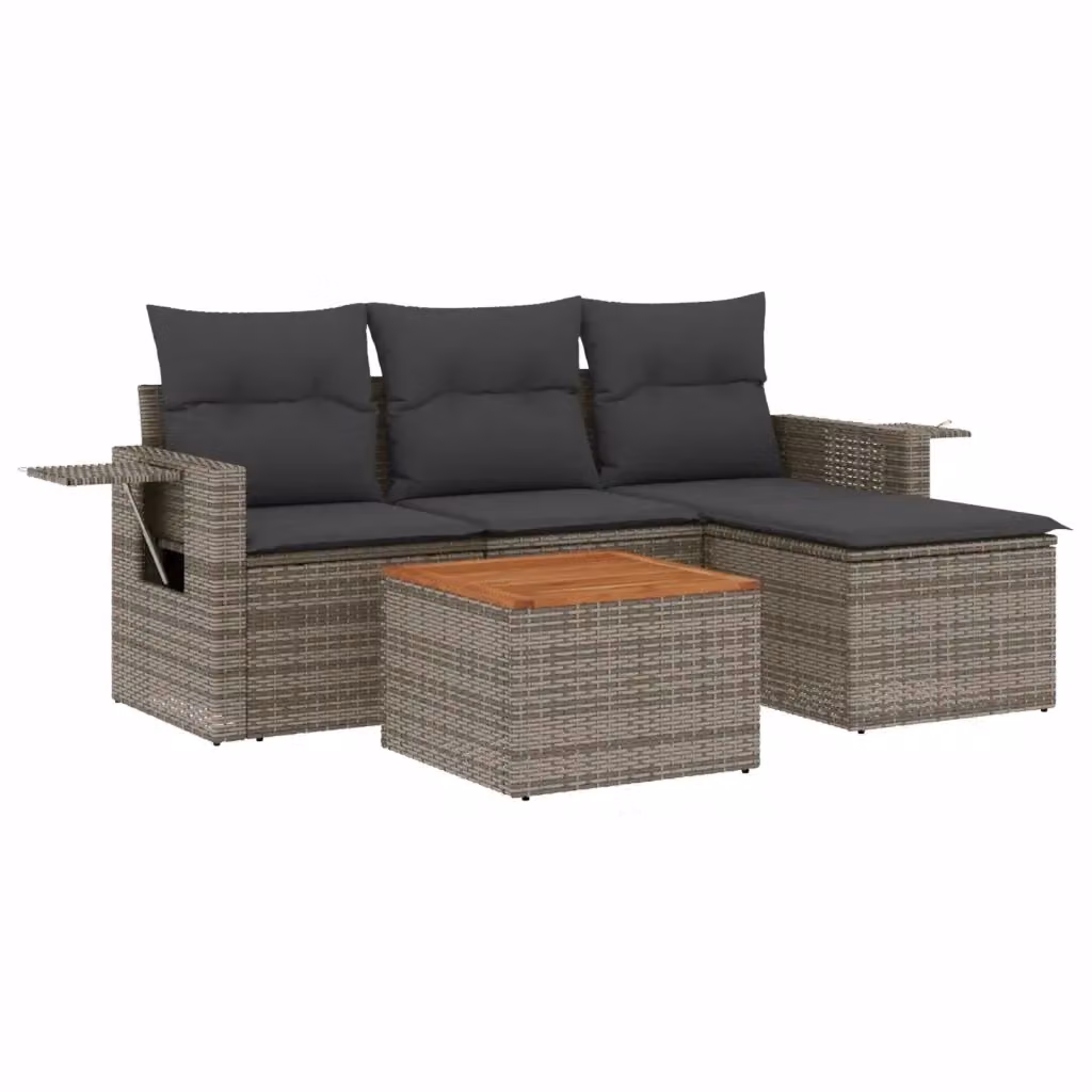 vidaXL Set Divano da Giardino 5 pz a Forma di L in Polyrattan Grigio con Cuscini e Tavolino – 2