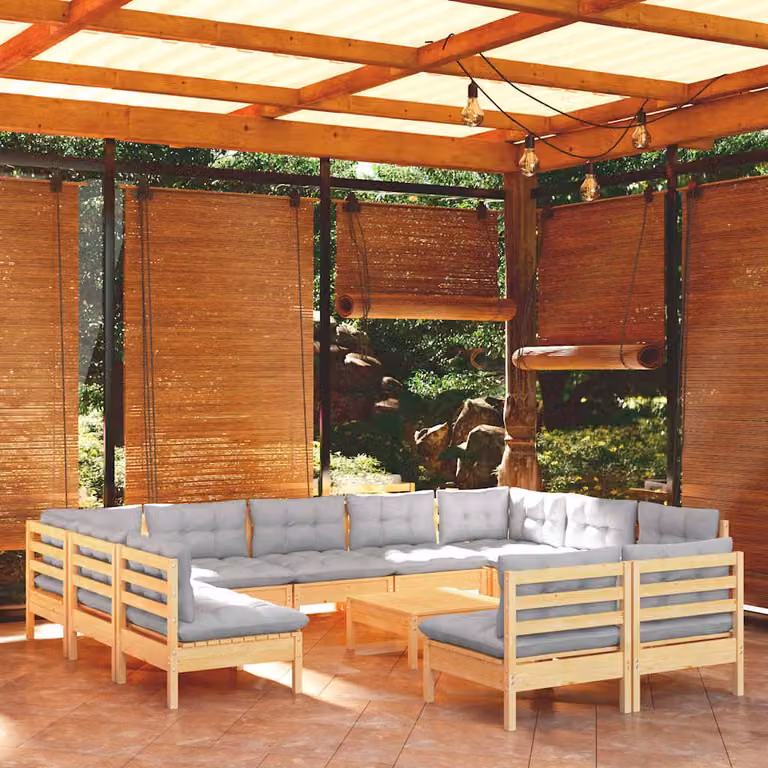 Set di divani da giardino vidaXL a forma di L in legno massello di pino con cuscini grigi e pouf