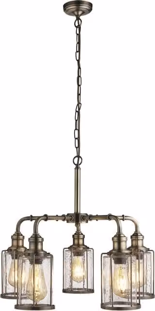 Lampadario Contemporaneo Tubi Acciaio Ottone Vetro Trasparente 5 Luci E27