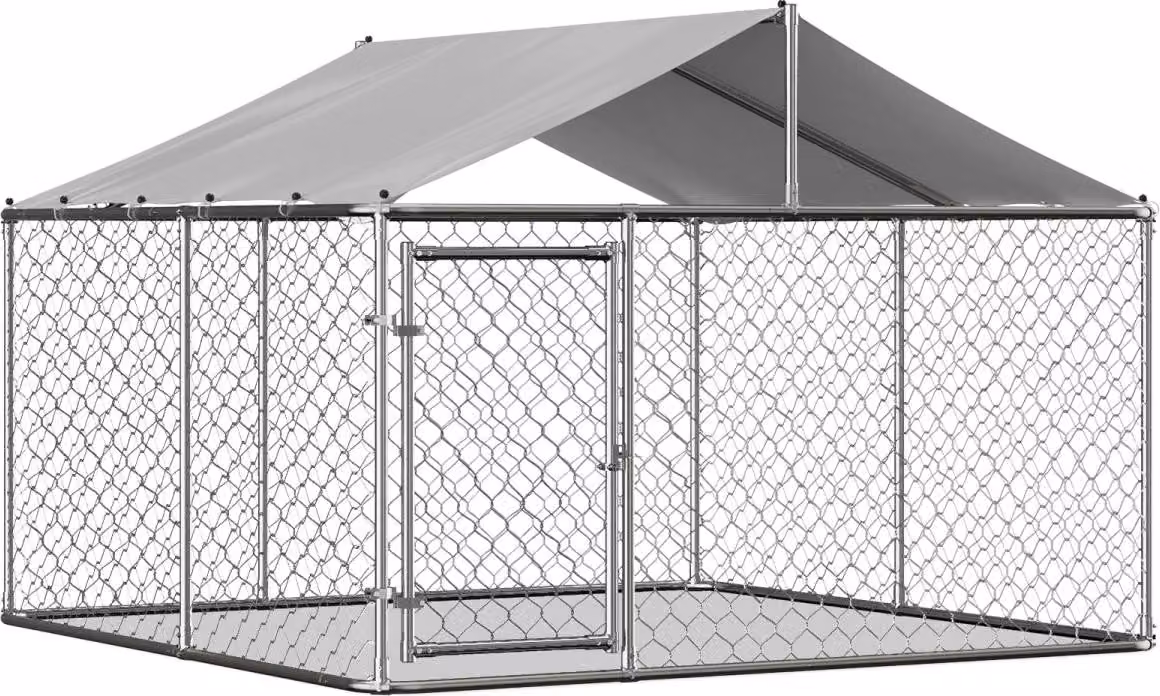 Cuccia per cani Silber 230x230x117 cm con tetto, tubi in acciaio zincato e porta con serratura, resistente ai raggi UV e impermeabile