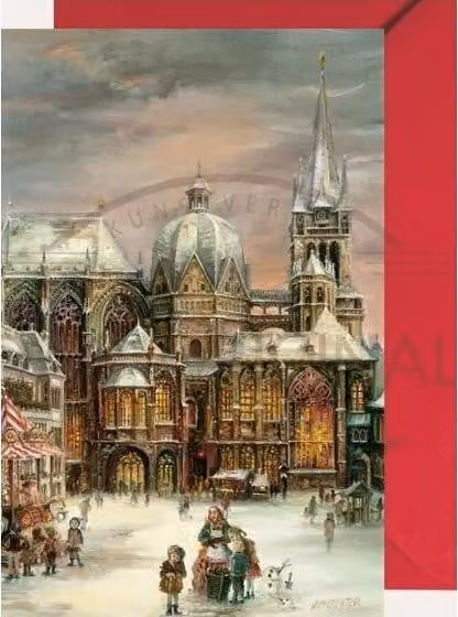 Mini calendario dell'Avvento a forma di biglietto pieghevole con il Duomo di Aquisgrana e busta