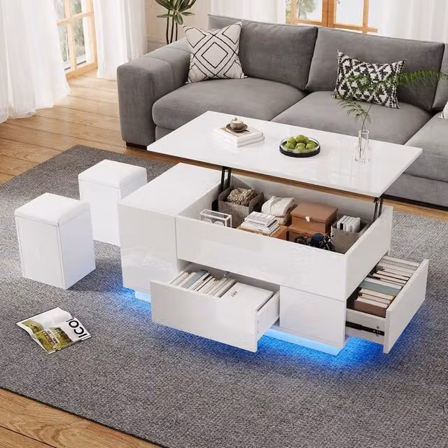 Tavolino da Caff¨¨ 4 in 1 con LED e Cassetti ¨C MINIMAL ¨C Bianco Lucido / 100x50x45