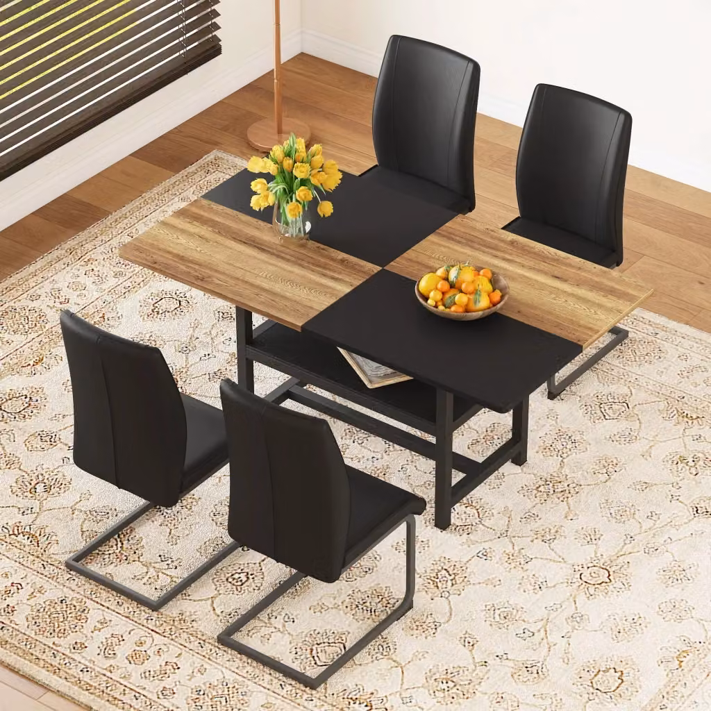 Set da pranzo MIVRAY con tavolo rettangolare e 4 sedie in similpelle nera con struttura in metallo – 2