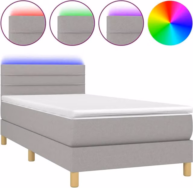 Letto singolo moderno con materasso a molle e illuminazione LED, rivestimento in tessuto grigio chiaro e bianco, L/P/H: 90 x 200 x 88 cm – 1