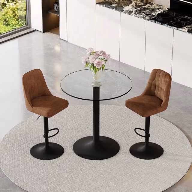 Set Bar Tavolo in Vetro 89 cm e 2 Sgabelli Girevoli ¨C Xylo ¨C Marrone, Struttura Metallo Nero
