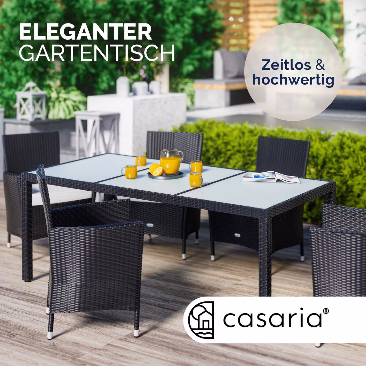 Tavolo da giardino rettangolare CASARIA in polyrattan nero con piano in vetro L: 190 cm, P: 90 cm, H: 75 cm – 2