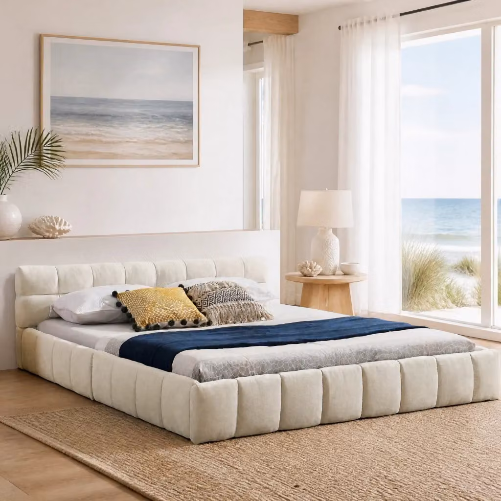 Letto matrimoniale imbottito MODFU in tessuto beige con struttura in legno e metallo L/P: 160 x 200 cm – 2