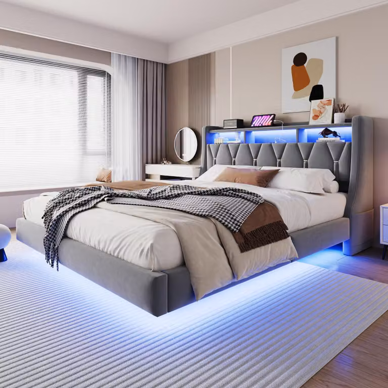 Letto imbottito STILVORA 180×200 con presa elettrica e vano portaoggetti, struttura con testiera ribaltabile e illuminazione a LED, letto per ragazzi con gambe allargate in tessuto di velluto, senza materasso, grigio