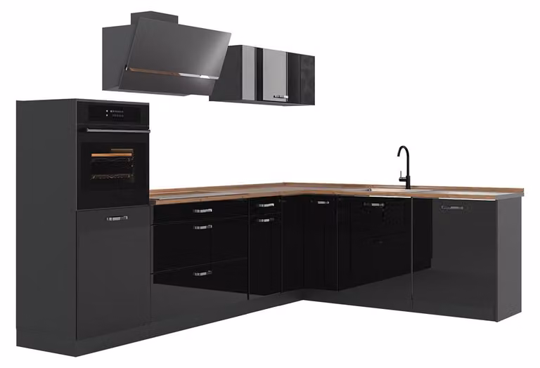 Cucina angolare completa Vicco R-Line Nero lucido/Antracite 287 x cm piano di lavoro Rovere dorato, Model 66758