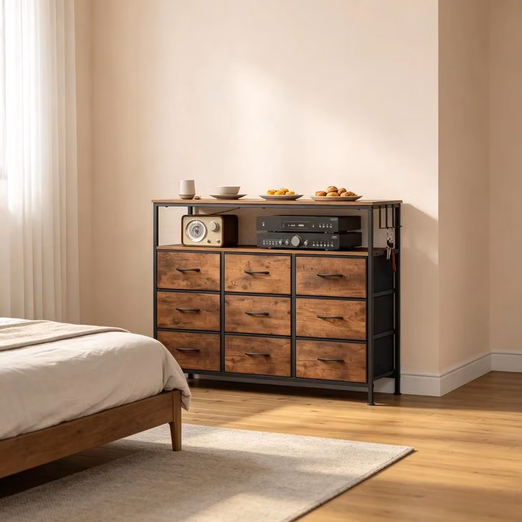Cassettiera REDOM in stile industriale in legno e metallo nero e marrone con illuminazione integrata L: 110 cm, H: 85 cm, P: 30 cm – 2