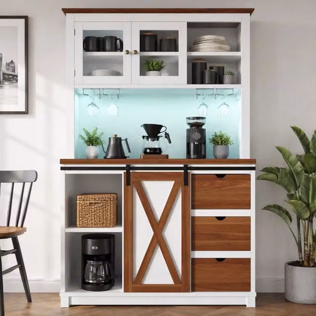 Mobile alto da cucina bianco 104x40x180 cm con LED RGB, ante scorrevoli in vetro e ripiani regolabili