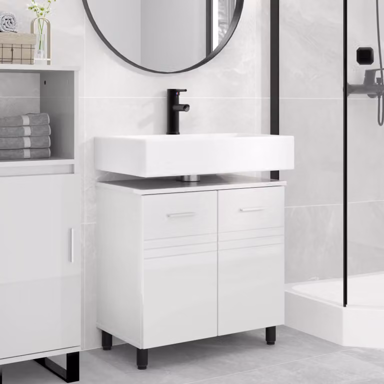 vidaXL Mobiletto da bagno moderno bianco lucido con ante a battente e ripiani interni L: 60 cm, P: 35 cm, H: 60 cm