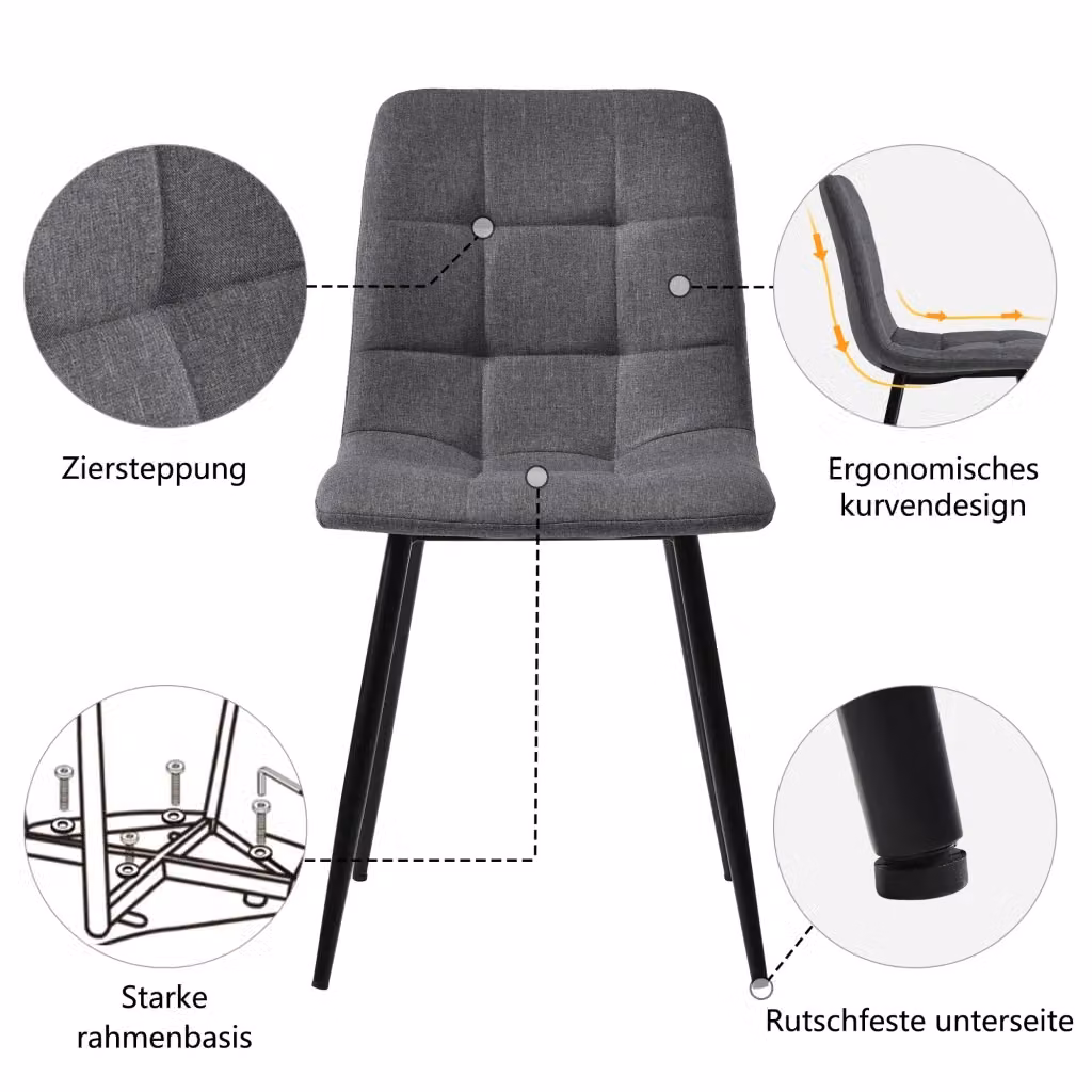 Set da 4 sedie da pranzo moderne REDOM in tessuto grigio con struttura in legno e metallo L: 44 cm, P: 41 cm, H: 86 cm – 2
