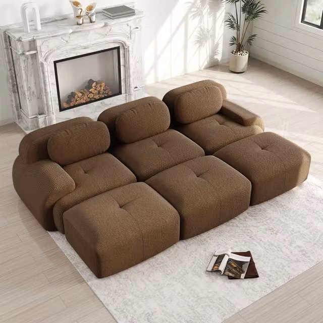 Divano angolare modulare OKWISH in velluto a coste marrone con braccioli curvi e schiuma 32D