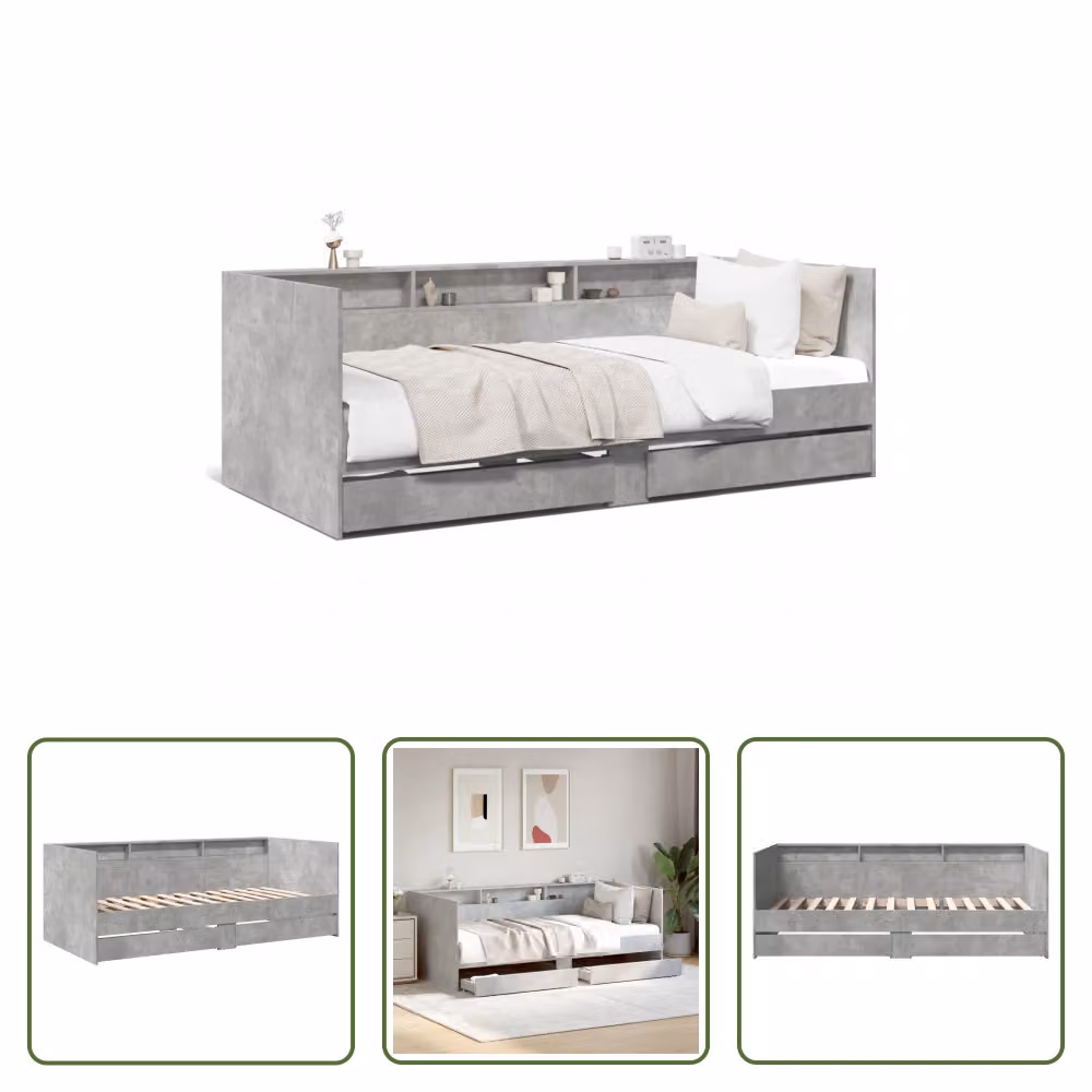 The Living Store Letto da giorno con cassetti in cemento grigio 75x190 cm materiale legno