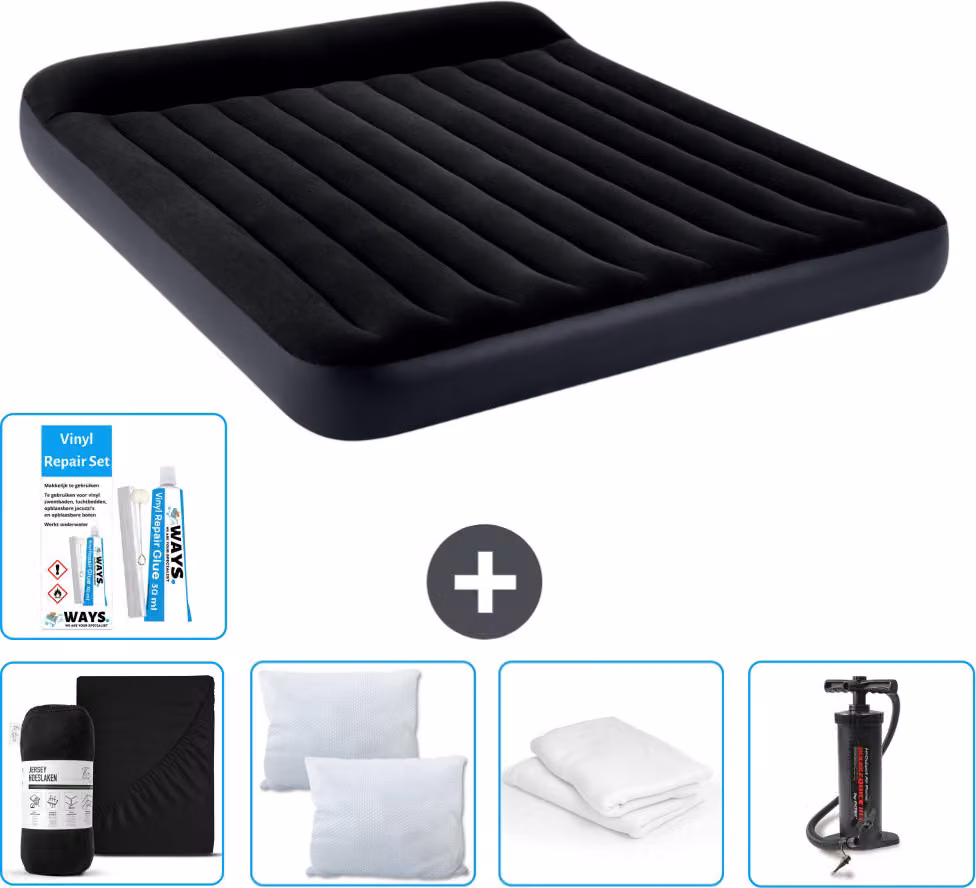 Lettino Intex - 2 persone - 183 x 203 x 25 cm - Blu scuro - Consegna inclusa Lenzuolo di ricambio - Bacio - Pompa - Set di riparazione e protezione per il cuscino