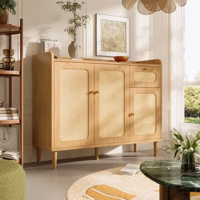 Credenza in stile scandinavo con 3 ante e 1 cassetto soft close, frontali in intreccio rattan, colore marrone, L/P/H: 120 x 40 x 91 cm – 1