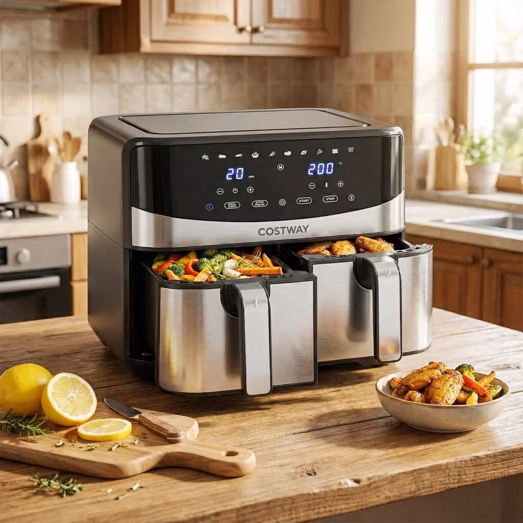 Friggitrice ad aria doppia Design Mania 8L con doppio cestello Sync Cook e Match Finish, colore nero e argento, 2100W con display digitale e funzioni 10-in-1 – 2