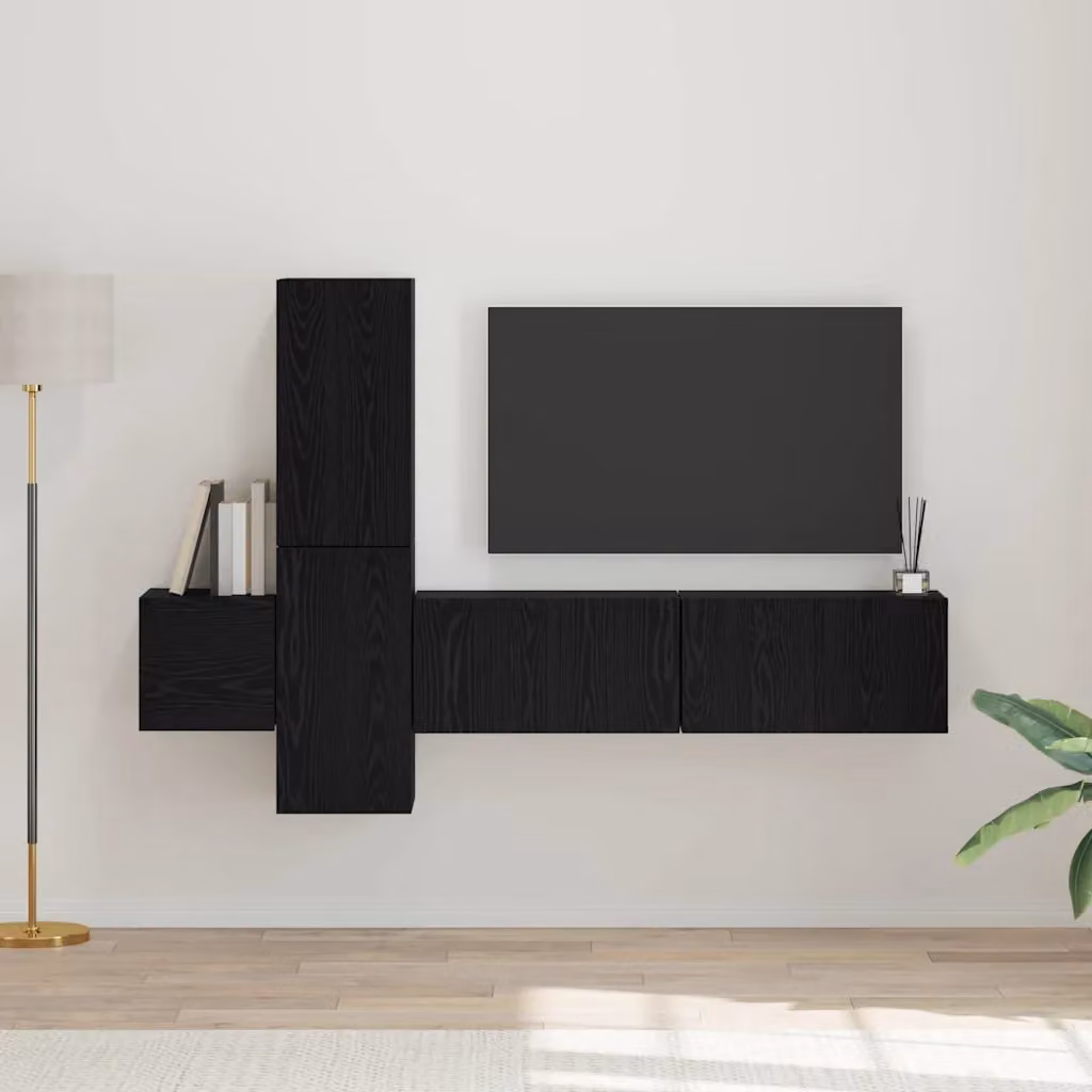 Set mobile TV moderno vidaXL in 5 pezzi, colore Rovere e Nero, in legno MDF per soggiorno, L/P/H: 60 x 30 x 60 cm – 1