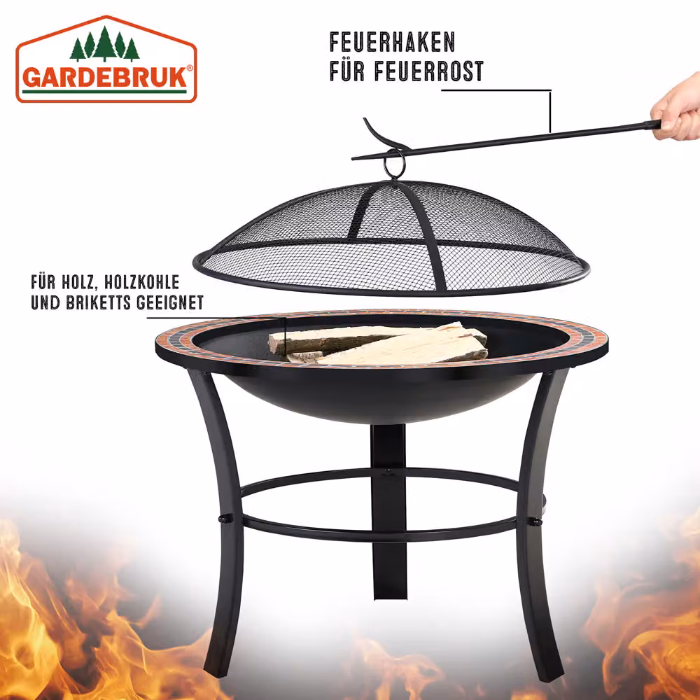 Braciere da giardino rotondo Gardebruk con motivo mosaico multicolore e copertura nera in acciaio e pietra, Diametro: 76 cm – 2