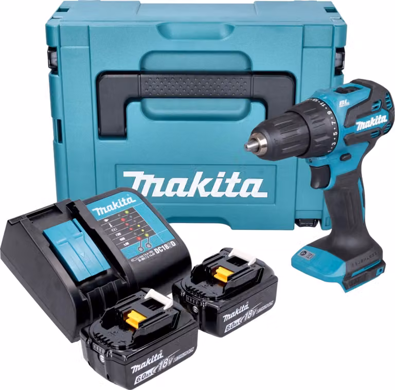 Makita DHP 490 SGJ Trapano avvitatore a percussione a batteria 18 V 65 Nm Brushless + 2x batteria 6,0 Ah + caricabatteria + Makpac