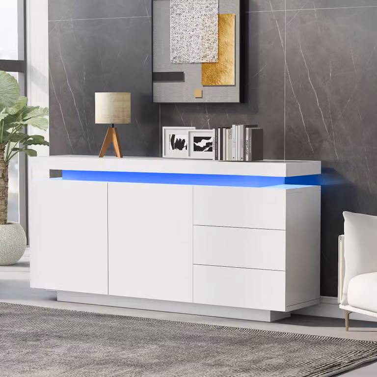 Credenza Merax lucida con illuminazione a LED, credenza alta con 2 ante e 3 cassetti, cassettiera lucida senza maniglie in MDF, credenza da salotto, bianca