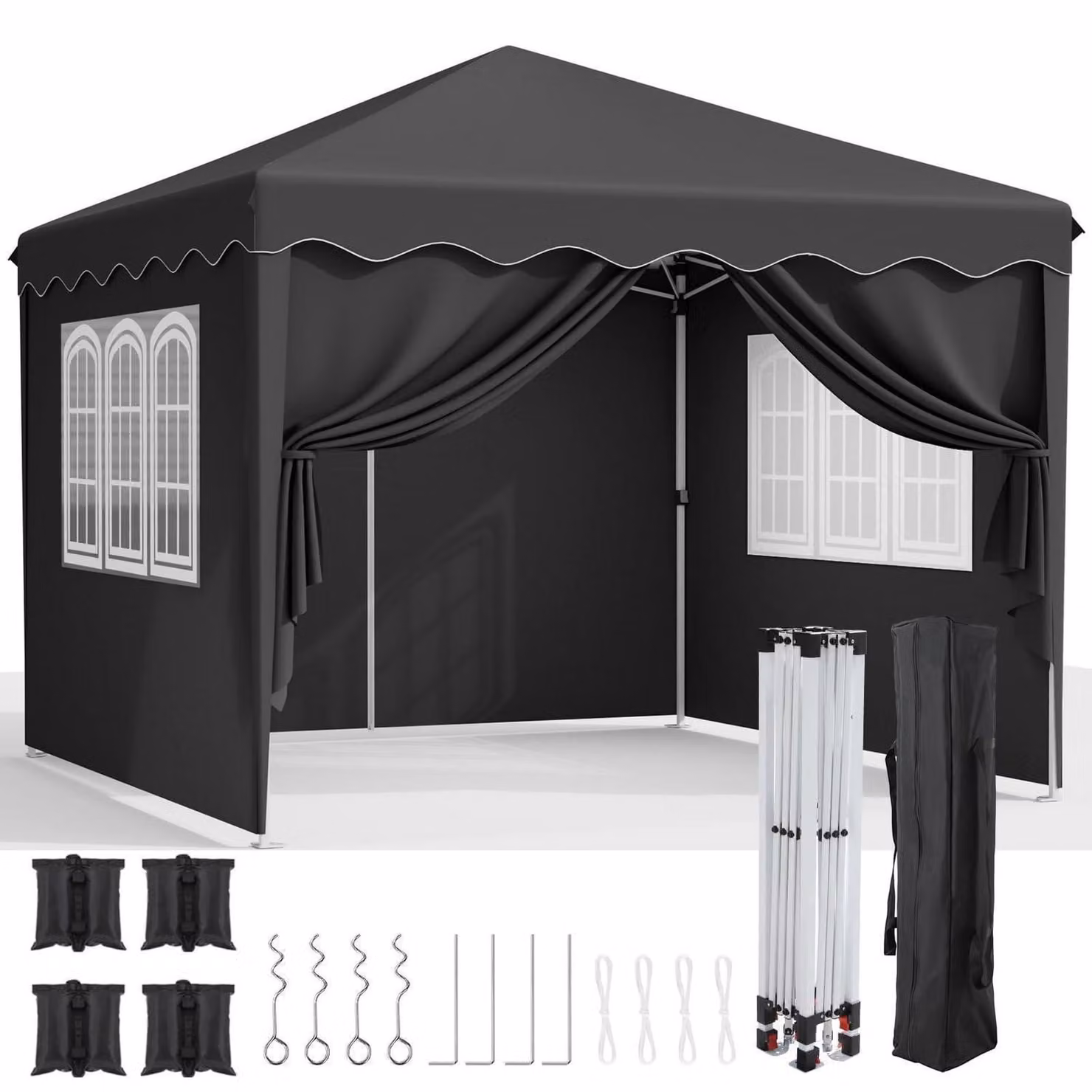 Gazebo da esterno 3x3 metri, stabile, resistente alle intemperie, con protezione UV 50+, dotato di pannelli laterali e sacchi di sabbia, colore nero