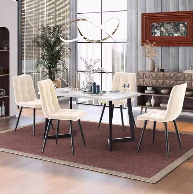 Set tavolo da pranzo 117 cm con 4 sedie in velluto beige