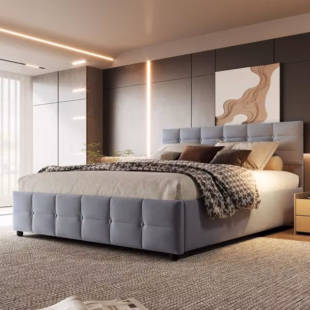 Letto matrimoniale 180 × 200 cm con vano contenitore idraulico, senza materasso, imbottito in velluto grigio