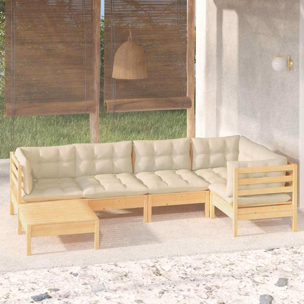 Set di divani da giardino vidaXL in legno di pino massello con cuscini beige, composizione a L con elemento angolare e pouf, stile moderno