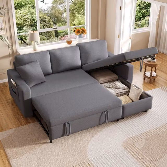 Sofa letto angolare WISHDOR con chaise longue reversibile e contenitore, grigio, moderno
