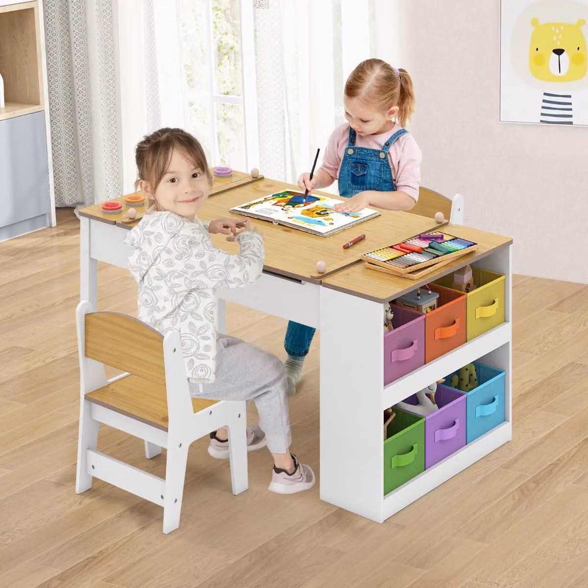 Costway Tavolo multifunzione per bambini in legno con piano inclinabile e rotolo di carta, Set tavolo da disegno e cavalletto stile scandinavo, Naturale