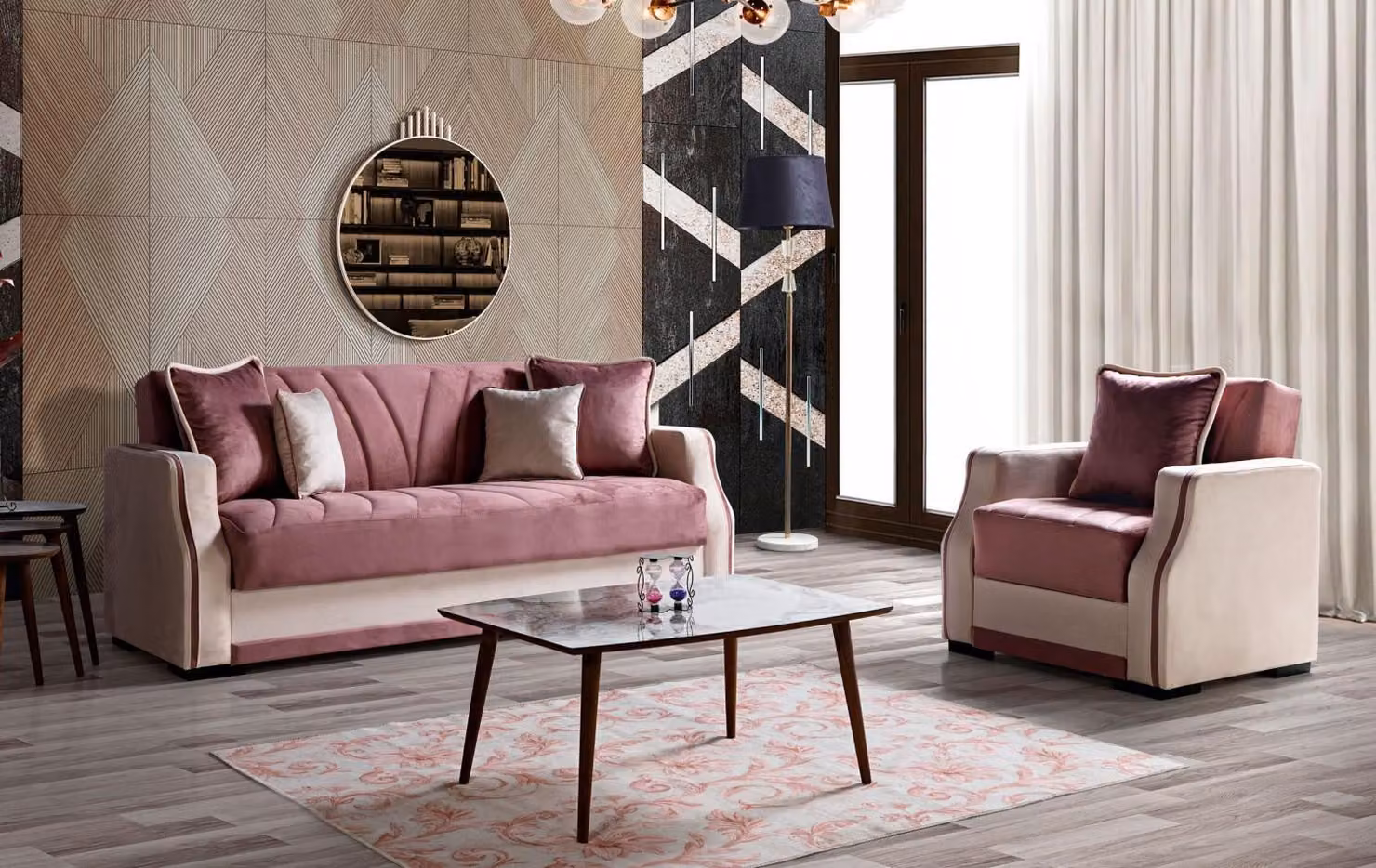 Sofagarnitur 3+1 Sitzer Textil Holz Sofa 3 Sitzer Modern Sessel Komplett Set