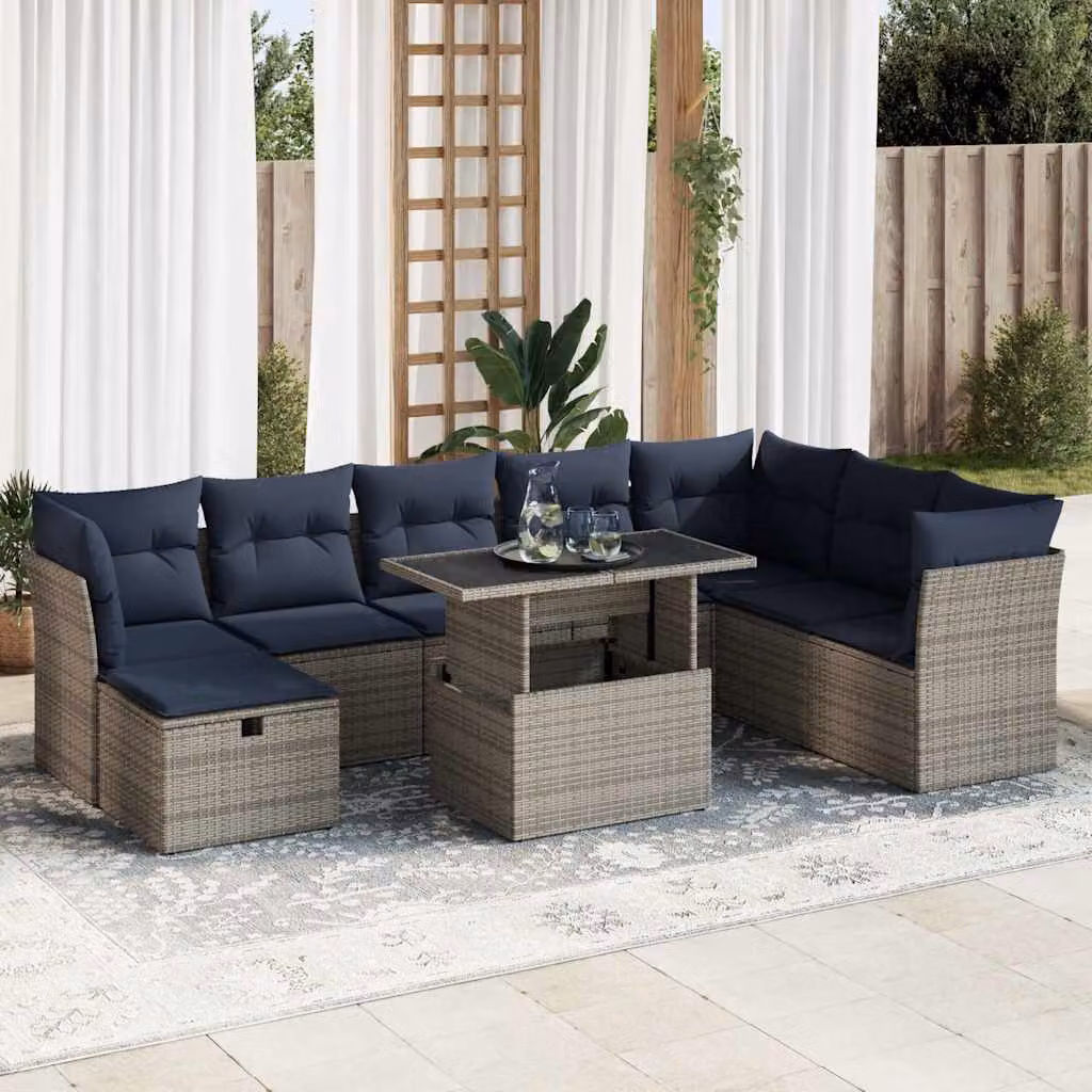 Set Divano da Giardino vidaXL 9 Pezzi a Forma di L con Tavolino e Ottoman, Colore Grigio e Blu, Struttura in Metallo e Polyrattan con Cuscini Inclusi