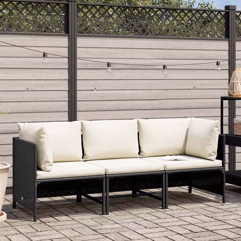 vidaXL Divano da Giardino a 3 Posti con Cuscini in Polyrattan Nero