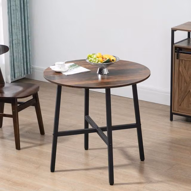 Tavolo da pranzo rotondo per 4 persone con struttura in metallo e piano in compensato marrone diametro 80 cm altezza 76 cm