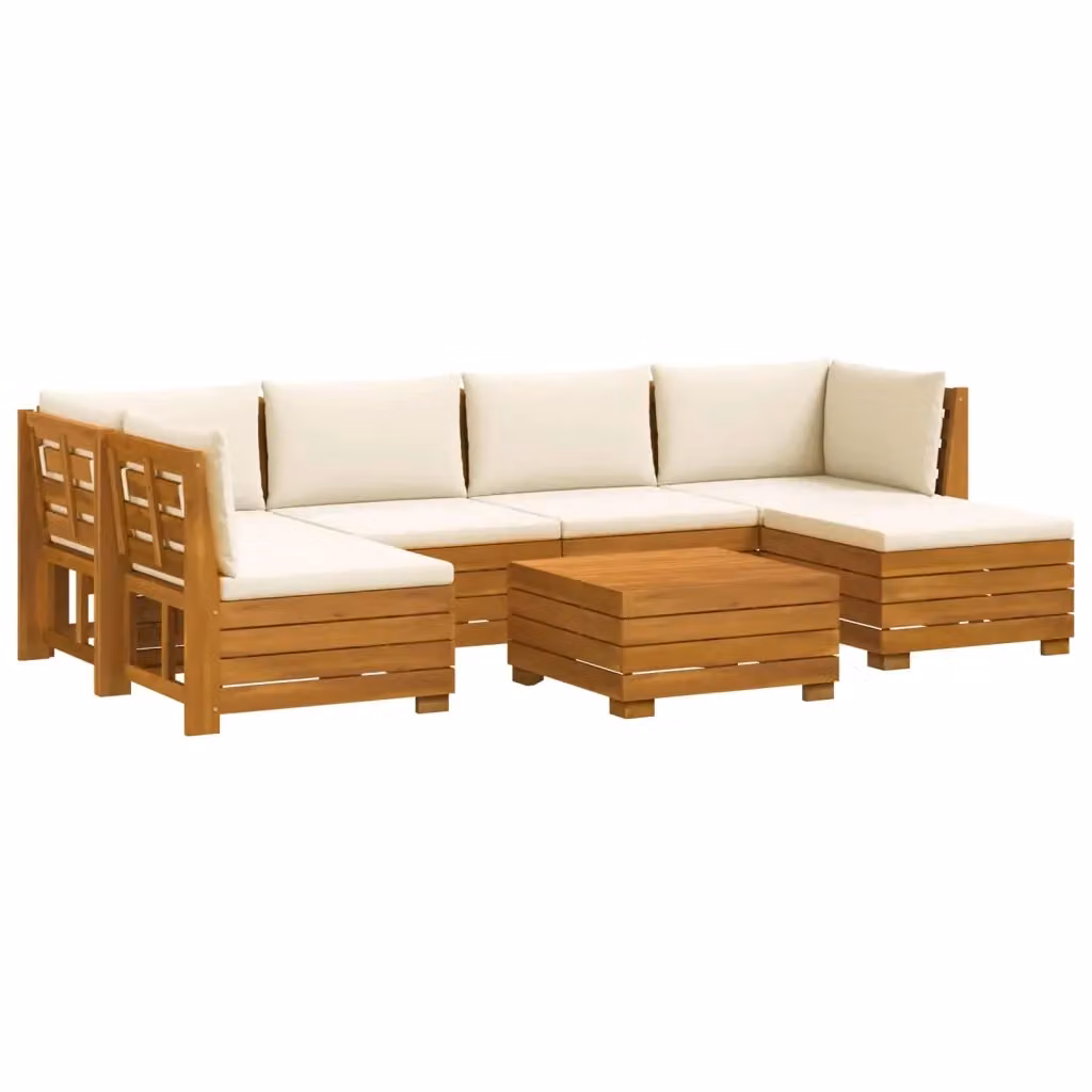 Set di 7 divani da esterno vidaXL in legno di acacia con cuscini beige e marrone, design moderno a forma di L con tavolino e pouf per giardino e terrazzo – 2