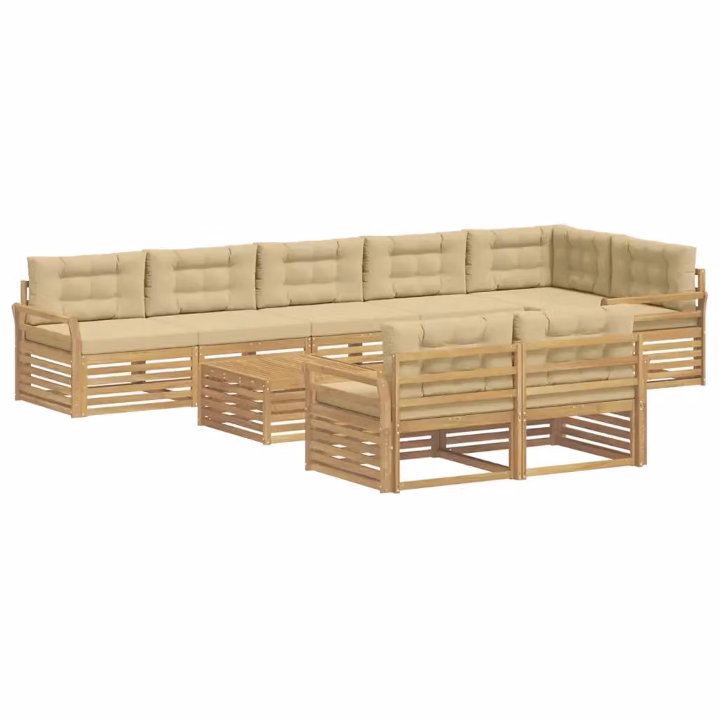 Set di divani da esterno a L con tavolino vidaXL in legno di acacia, colore bianco e beige, composto da 9 pezzi con cuscini inclusi – 2
