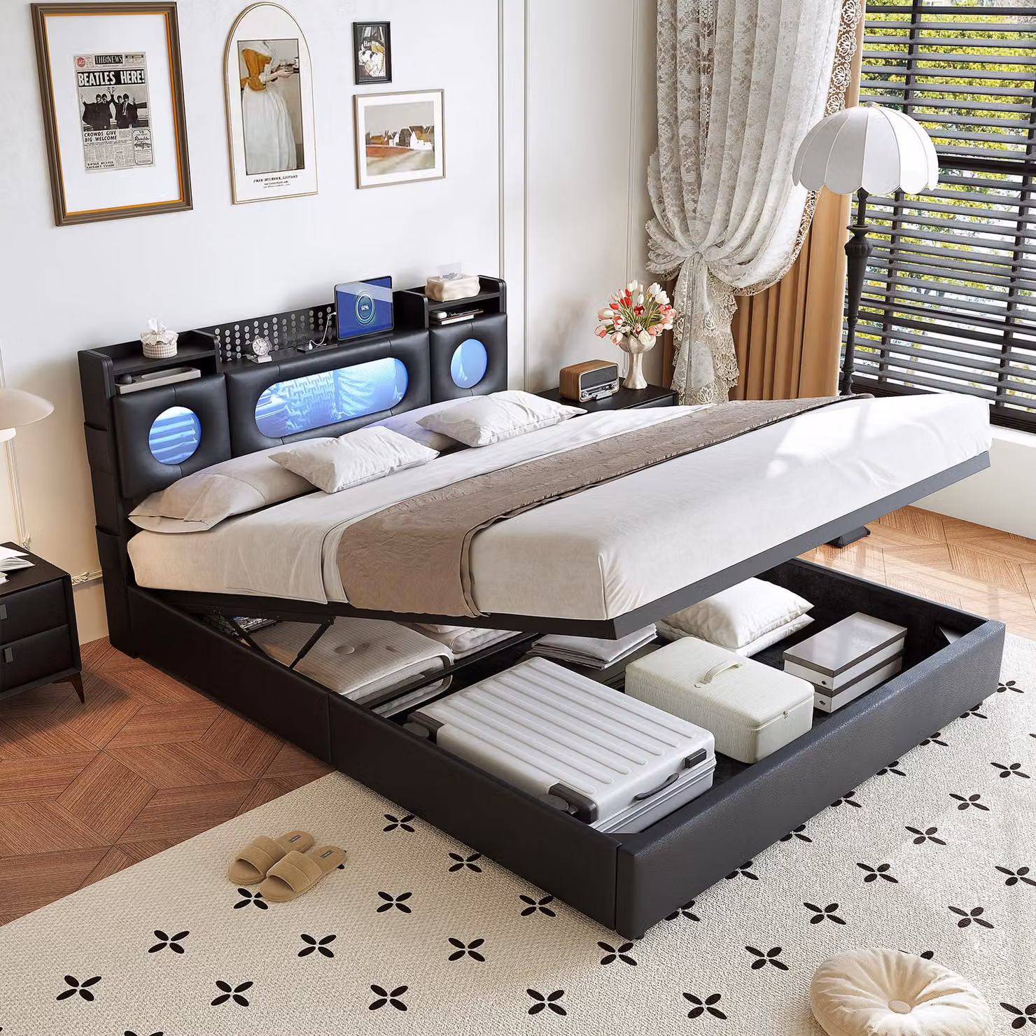 Letto a pressione a gas ProximaX 140×200 cm con LED, USB e Type-C, testata pieghevole e rete - letto moderno per camera da letto, nero