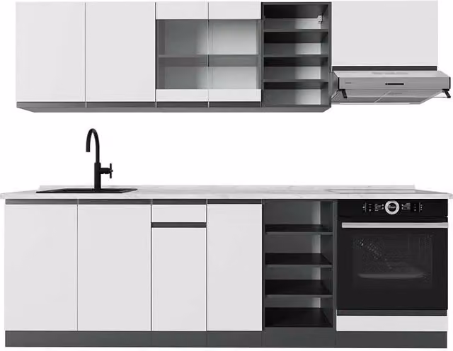 Cucina componibile Vicco R-Line J-Shape Bianco e Antracite con piano in marmo, L: 240 cm