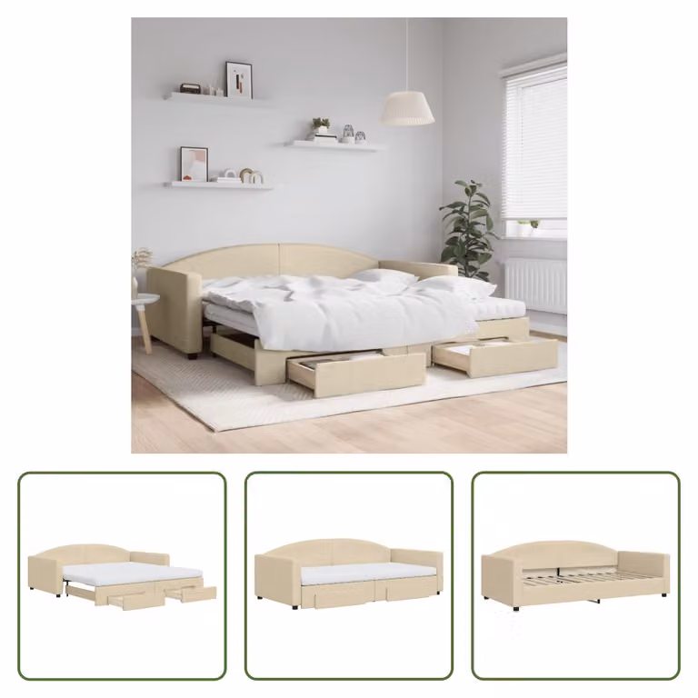 The Living Store letto da giorno allungabile con cassetti crema 100x200 cm tessuto