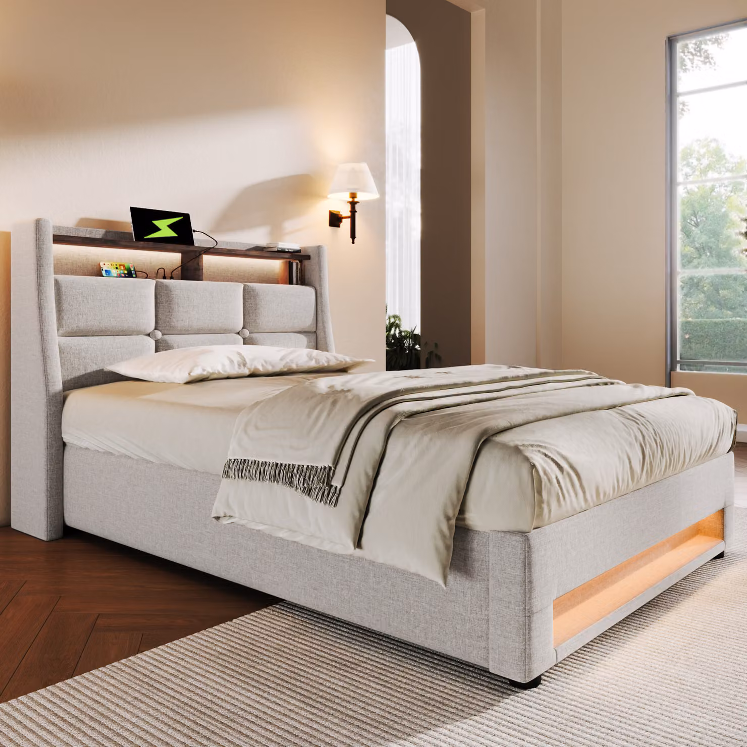 MODFU letto a sacco imbottito 90x200cm, box letto singolo idraulico con luce LED e USB (senza materasso), beige