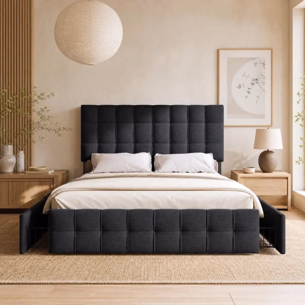 Letto Contenitore REDOM in Lino Nero con 4 Cassetti e Testiera Regolabile L/P/H: 140 x 200 x 107 cm – 2