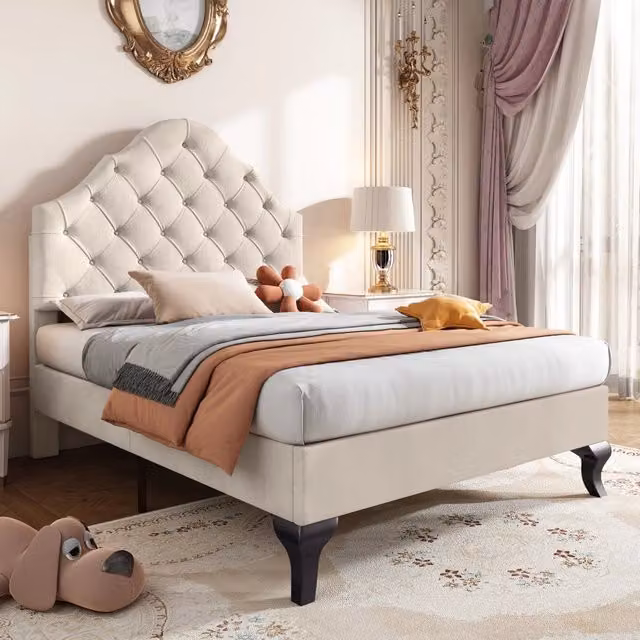 Letto singolo imbottito 90 x 200 cm in velluto beige con testiera regolabile