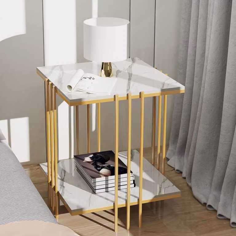 Tavolino da caffè - Tavolino laterale - Comodino - Tavolino di servizio - Tavolino da soggiorno - Piano in marmo bianco - Struttura in metallo dorato