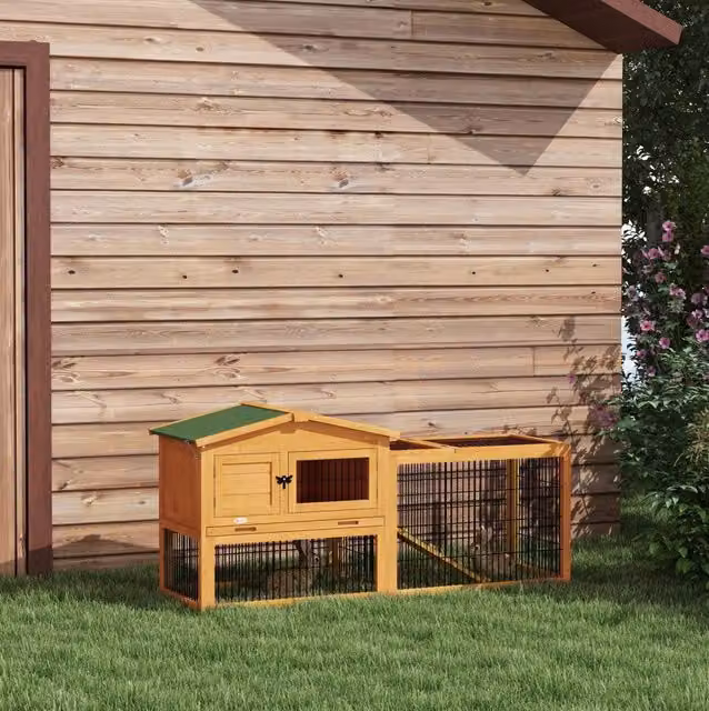 Gabbia per Conigli a 2 Livelli in Legno di Abete 150x52x68 cm con Spazio Esterno e Rampe