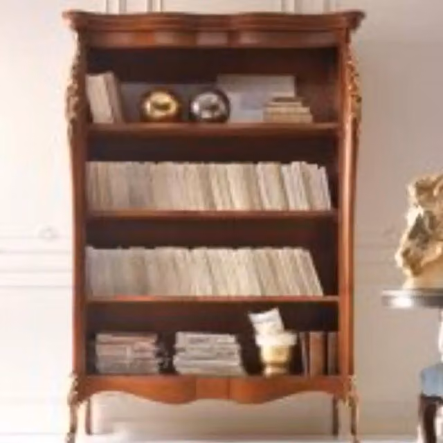 Libreria Enola KIVIO in legno con 4 vani, colore noce scuro e profili oro, H 203 cm x L 145 cm x P 50 cm
